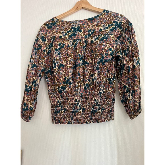 Maeve Anthropologie Floral Smocked Blouse Top Teal Pink Women's Small - Picture 5 of 8